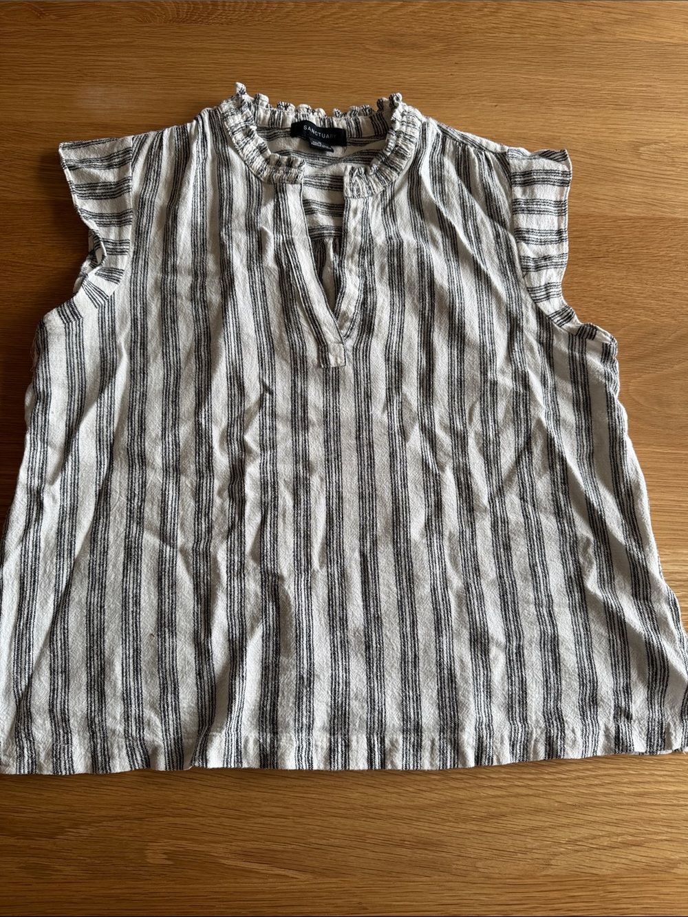 Sanctuary Black & White Striped Ruffle Mock Neck Sleeveless Top